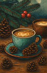 Vintage Woodcut-Style Coffee Illustration with Pine Cones and Winter Branches 
