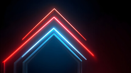 Layered abstract structure with glowing neon red and blue outlines forming a symmetrical, upwardpointing arrow or roof shape on a dark backdrop