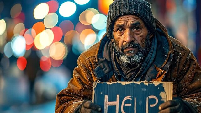 A poignant portrait of a weathered man holding a sign that reads HELP, evoking themes of hardship and the need for compassion
