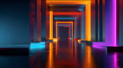 A long, dark corridor with glowing neon rectangles in orange, red, blue, and purple lining the walls and floor, creating a sense of depth and mystery
