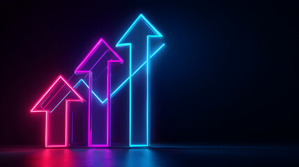 Three ascending neon arrows with a subtle graph line overlay, representing financial growth, market trends, and positive business development in a futuristic setting