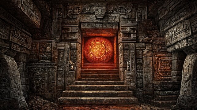 Ancient Temple Entrance with Glowing Aztec Calendar, Stone Carvings, and Mysterious Atmosphere