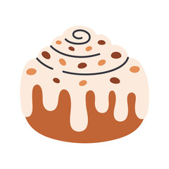 Cute cinnamon roll with sugar glaze and chocolate. Swirl cinnamon  bun. Hand drawn vector illustration