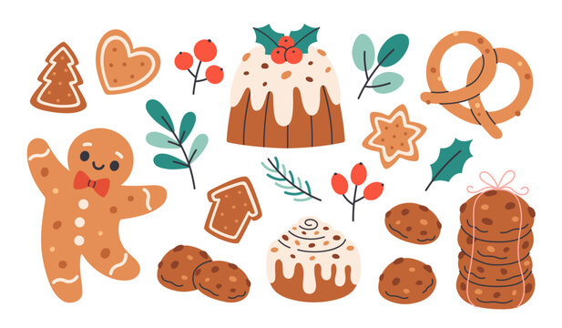 Cute festive Christmas pastry collection with cookies, gingerbread man, cinnamon bun, fruit chocolate pudding, pretzel. Winter holiday sweets. Flat vector illustration