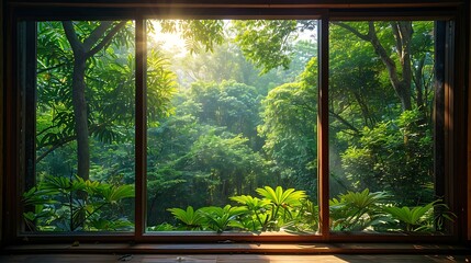 Fototapeta premium Tropical Forest Vista Through Open Window: Lush Green Nature View from Indoors