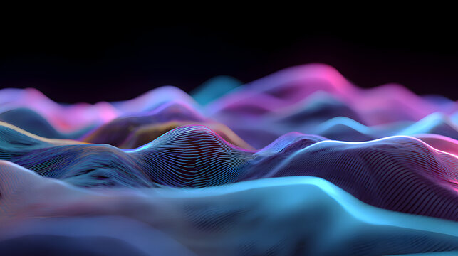 A mesmerizing abstract landscape composed of undulating, glowing digital terrain with vibrant pink and blue highlights, suggesting a futuristic or virtual environment