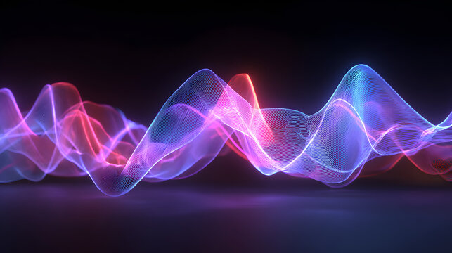 An abstract visualization of a sound wave or data stream, rendered with glowing neon particles in vibrant pink and blue hues, flowing dynamically against a dark backdrop
