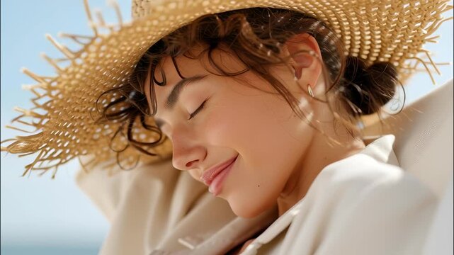 Relaxed woman in straw sunhat resting, basking in warm sunlight during tropical beach Christmas getaway video 4k