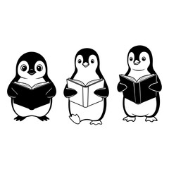 Cute Penguin Reading Book Silhouette Illustration. Adorable Black and White Animal Design