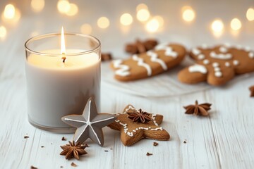 Vela acesa em recipiente cinza ao lado de biscoitos natalinos de gengibre e anis estrelado sobre mesa branca com luzes desfocadas ao fundo, IA generativa