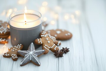 Vela acesa em recipiente cinza ao lado de biscoitos natalinos de gengibre e anis estrelado sobre mesa branca com luzes desfocadas ao fundo, IA generativa