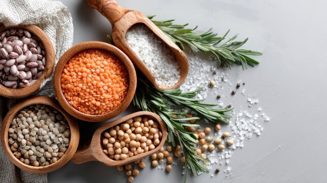 Assorted grains and sea salt with fresh rosemary on a gray surface