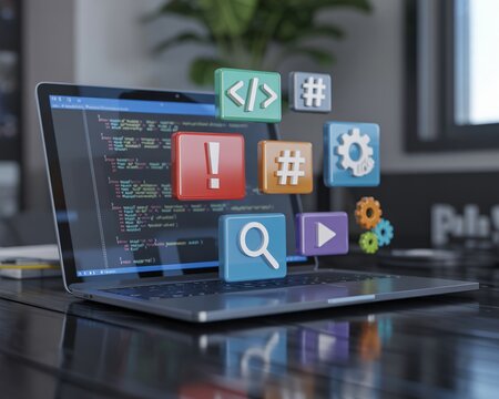 A laptop displaying code on its screen is surrounded by various floating 3D icons representing programming and app development concepts, such as code tags, search, video, and settings.