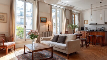 Fototapeta premium Elegant and bright living room with natural light and wooden flooring