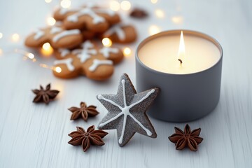 Vela acesa em recipiente cinza ao lado de biscoitos natalinos de gengibre e anis estrelado sobre mesa branca com luzes desfocadas ao fundo, IA generativa