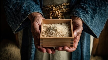 Hands holding rice in wooden box wearing traditional asian attire, Labor Thanksgiving Day