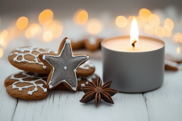 Vela acesa em recipiente cinza ao lado de biscoitos natalinos de gengibre e anis estrelado sobre mesa branca com luzes desfocadas ao fundo, IA generativa