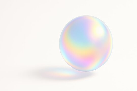 A floating iridescent sphere glows softly on a clean white background, showcasing pastel rainbow reflections and a smooth, futuristic minimalist design.