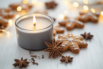 Vela acesa em recipiente cinza ao lado de biscoitos natalinos de gengibre e anis estrelado sobre mesa branca com luzes desfocadas ao fundo, IA generativa