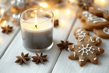 Vela acesa em recipiente cinza ao lado de biscoitos natalinos de gengibre e anis estrelado sobre mesa branca com luzes desfocadas ao fundo, IA generativa