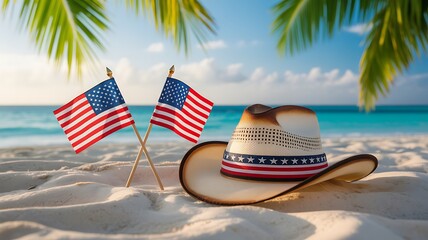American flags and cowboy hat on a sandy beach with palm leaves and ocean in the background, celebrating freedom and patriotism