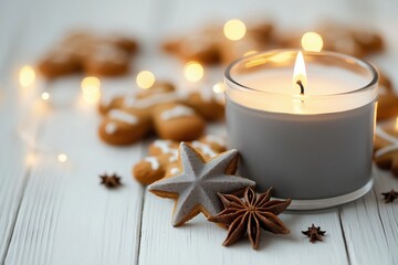 Vela acesa em recipiente cinza ao lado de biscoitos natalinos de gengibre e anis estrelado sobre mesa branca com luzes desfocadas ao fundo, IA generativa