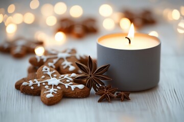 Vela acesa em recipiente cinza ao lado de biscoitos natalinos de gengibre e anis estrelado sobre mesa branca com luzes desfocadas ao fundo, IA generativa