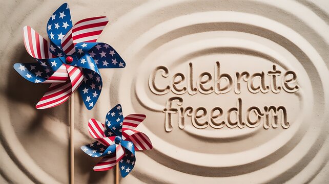 Two patriotic pinwheels with american flag design on a sandy surface with the words celebrate freedom written in the sand