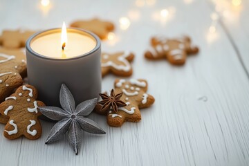 Vela acesa em recipiente cinza ao lado de biscoitos natalinos de gengibre e anis estrelado sobre mesa branca com luzes desfocadas ao fundo, IA generativa