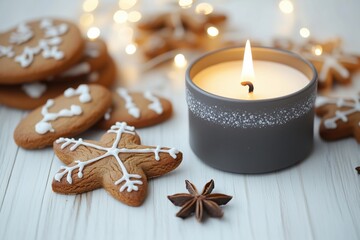Vela acesa em recipiente cinza ao lado de biscoitos natalinos de gengibre e anis estrelado sobre mesa branca com luzes desfocadas ao fundo, IA generativa