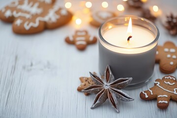Vela acesa em recipiente cinza ao lado de biscoitos natalinos de gengibre e anis estrelado sobre mesa branca com luzes desfocadas ao fundo, IA generativa