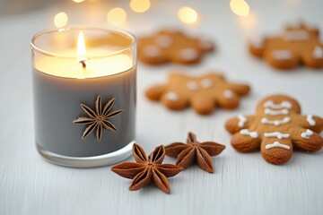 Vela acesa em recipiente cinza ao lado de biscoitos natalinos de gengibre e anis estrelado sobre mesa branca com luzes desfocadas ao fundo, IA generativa