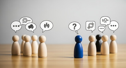 Wooden figures showing different opinions and question isolated on white