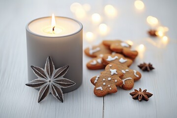 Vela acesa em recipiente cinza ao lado de biscoitos natalinos de gengibre e anis estrelado sobre mesa branca com luzes desfocadas ao fundo, IA generativa