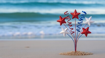 A cluster of patriotic star decorations in red, white, and blue with streamers on a beach by the sea