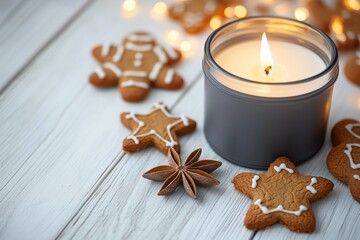 Vela acesa em recipiente cinza ao lado de biscoitos natalinos de gengibre e anis estrelado sobre mesa branca com luzes desfocadas ao fundo, IA generativa
