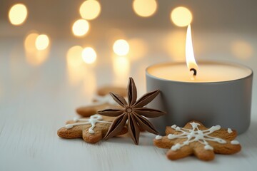 Vela acesa em recipiente cinza ao lado de biscoitos natalinos de gengibre e anis estrelado sobre mesa branca com luzes desfocadas ao fundo, IA generativa