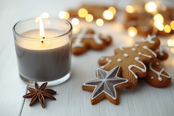 Vela acesa em recipiente cinza ao lado de biscoitos natalinos de gengibre e anis estrelado sobre mesa branca com luzes desfocadas ao fundo, IA generativa