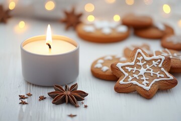 Vela acesa em recipiente cinza ao lado de biscoitos natalinos de gengibre e anis estrelado sobre mesa branca com luzes desfocadas ao fundo, IA generativa