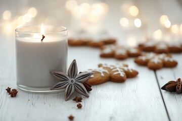 Vela acesa em recipiente cinza ao lado de biscoitos natalinos de gengibre e anis estrelado sobre mesa branca com luzes desfocadas ao fundo, IA generativa