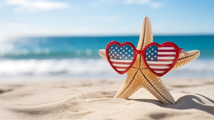 Starfish wearing heartshaped sunglasses with american flag pattern on a sandy beach