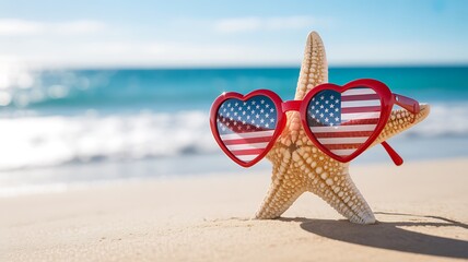 A starfish wearing heartshaped sunglasses with the american flag design sits on a sandy beach with the ocean in the background
