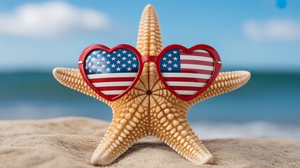 A starfish wearing heartshaped sunglasses with the american flag pattern sits on a sandy beach with the ocean in the background