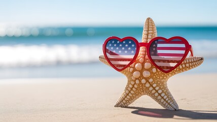 A starfish wearing heartshaped sunglasses with the american flag pattern sits on a sandy beach with the ocean in the background