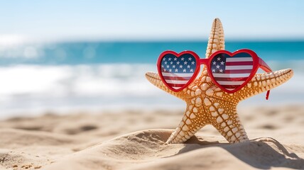 A starfish wearing heartshaped sunglasses with the american flag pattern sits on a sandy beach with the ocean in the background