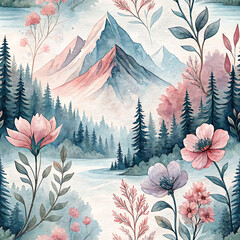 Watercolor landscape with mountains and flowers, tranquil nature scene with lake and forest background with copy space