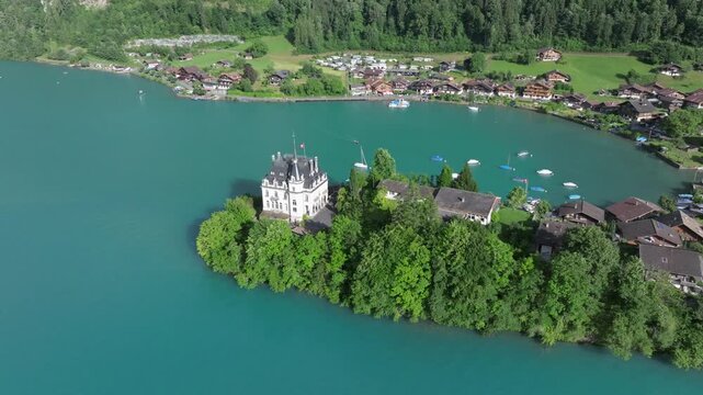 The beautiful Interlaken valley and Thunersee lake, Beatiful river at Switzerland in sunny day during summer, Aereal drone view of stunning idyllic nature scenery of lake Brienz with turquoise waters