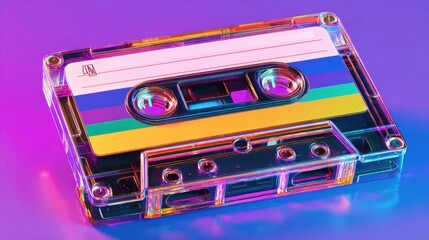 A bright cassette tape with colorful stripes lies on a glowing purple background evoking memories.