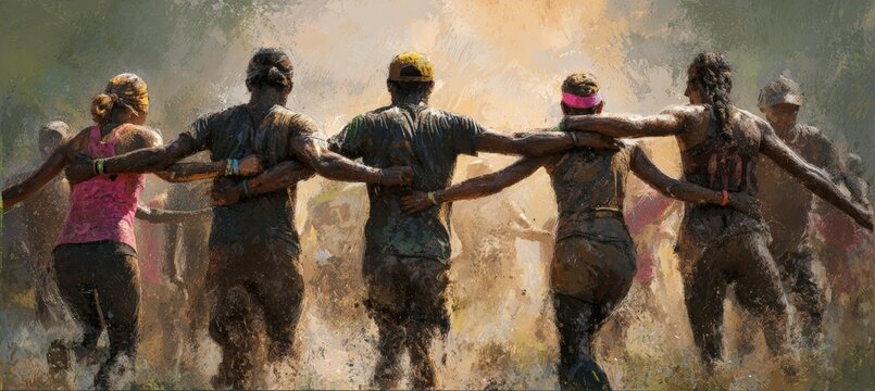 Friends Celebrating Team Race Finish in Mud Run Event