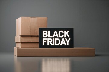 Stacked cardboard boxes marked with bold red Black Friday sale sign